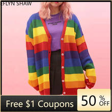Rainbow Sweaters Women Autumn New Loose Knit Cardigan Cindy Stripes Lazy Style Oversize Long Sweater V Neck Sweet Kint Coat 2024 - buy cheap
