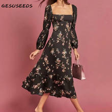 Vestido de verano de manga larga para mujer, vestido largo negro con estampado floral vintage, escote cuadrado, 2021 2024 - compra barato