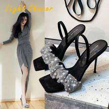 2021 New Summer Women's High Heel Sandals Fashion Rhinestone Solid Color Square Toe Women Sandalias  Outdoor Shoes Plus Size 43 2024 - buy cheap