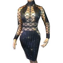 Sexy preto strass mini vestido feminino sexy boate bar wear celebrar outfit desempenho vestido de festa manga longa bodycon 2024 - compre barato