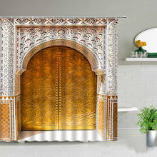 Cortinas de ducha con puertas arqueadas, accesorio Vintage de madera antigua, color amarillo marroquí, impermeable, con ganchos 2024 - compra barato
