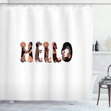 Cortina de ducha con diseño de fuente de perro salchicha, juego de decoración de baño con ganchos, diseño de letras de Hello Animal 2024 - compra barato