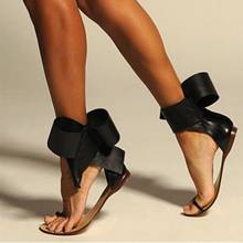 Sandálias pretas com laço, tamanho grande, 45, tira de tornozelo, clipe de dedo, sapatos baixos, sapatos de lazer, verão, gladiador, mulheres, chinelos baixos 2024 - compre barato