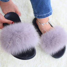 Zapatillas de piel de zorro auténtica para mujer, chanclas peludas de piel de mapache para interiores, de verano 2024 - compra barato