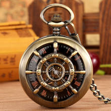 Латунные Механические карманные часы с полым дизайном руля, черные часы с римскими цифрами, мужские портативные часы с подвеской 30 см, подарок для женщин 2024 - купить недорого