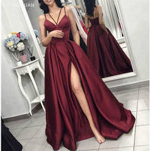 2021 borgonha a linha cetim vestido de noite longo sexy v-neck fenda formal vestidos de festa de casamento espaguete cinta vestido de baile 2024 - compre barato