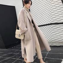 Женское длинное приталенное шерстяное пальто, бежевое кашемировое пальто с поясом, зима 2021 2024 - купить недорого