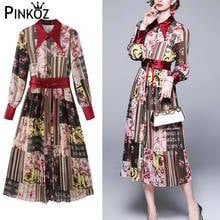 Pinkoz casual elegant women midi dress office lady turn down collar long sleeve bow high waist dresses for party with belt traf 2024 - buy cheap