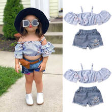 Fashion Kids Baby Girls Clothes Sets Floral Print Off Shoulder Tops + Ripped Denim Shorts Set Outfit 0-3Y 2024 - buy cheap