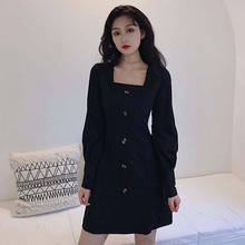 Junelove primavera feminino gola quadrada sexy botão festa na moda coreano mini vestido feminino elegante clássico sólido manga comprida vestidos 2024 - compre barato