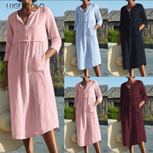 Lugentolo-Vestido largo holgado informal de lino con cuello redondo para verano y primavera, vestido de mujer de media manga con bolsillos, color liso 2024 - compra barato