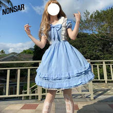 NONSAR Lolita Short-Sleeved Cute Maid Dress Cotton Apron Cascading Ruffle Spring And Summer Blue Bow Dress 2024 - buy cheap