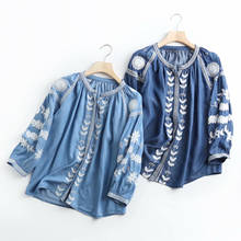 Blusa con bordado de mezclilla para mujer, blusa informal de manga larga con farol azul suave para verano y primavera 2024 - compra barato