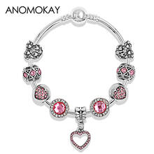 Classic Pink Heart Crystal Charm Bangles & Bracelets Silver Color Bead Bangle Romantic Jewelry for Women Gift 2024 - buy cheap