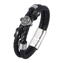 Pulsera de cuero auténtico para hombre, brazalete con patrón de flores, de acero inoxidable, estilo Retro, regalo de joyería, color negro, a la moda, SP0956 2024 - compra barato