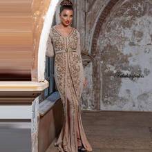 Moroccan Kaftan Caftan Muslim Evening Dresses Mermaid V-neck Long Sleeves Chiffon Beading Dubai Arabic Turkey Abaya Islamic Gown 2024 - buy cheap