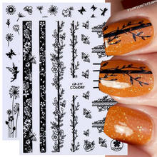 Black Lines Flowers Leaves 3D Nail Stickers Autumn Winter Fall Leaf Design Transfer Sliders Abstract Waves Nail Art Decals Decor 2024 - buy cheap