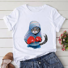 Крутая летняя забавная Футболка с принтом кота и бокса, Женская Винтажная Футболка Harajuku, уличная одежда, женские повседневные хлопковые топы, футболка 2024 - купить недорого