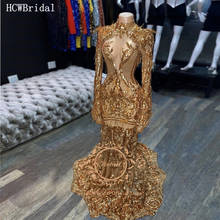 Vestido de noite estilo sereia dourado brilhante, mangas compridas e abertas de penas, para graduação, meninas pretas, 2020 2024 - compre barato