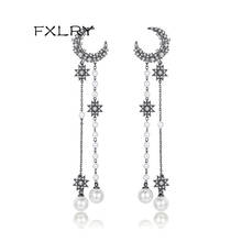 FXLRY New Luxury Shiny CZ White and Gun Black Big Moon Long Drop Earrings for Women Wedding Party Gift 2024 - buy cheap