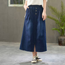 Free Shipping 2021 New Long Mid-calf A-line Skirts Women Elastic Waist Spring Summer Denim Cortton Casual Skirts Blue Pockets 2024 - buy cheap