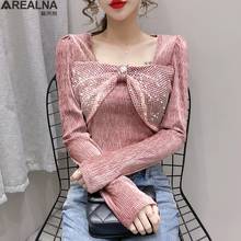 Elegant Blouse Women Square collar bow Diamond Blouses Shirts Korean fashion pink  Women's Shirt Tunic Sexy Ladies Tops Blusas 2024 - buy cheap