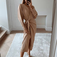 Women's Knitted Wrap Long Dress Autumn Winter Sexy V Neck Long Sleeve Lace-Up Solid Dress 2020 Ladies Fashion Elegant Vestidos 2024 - buy cheap