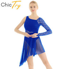 ChicTry Adults Single Long Sleeve Asymmetrical Lace Figure Skating Dress Gymnastics Ballet Leotard Women Lyrical Dance Costumes 2024 - buy cheap