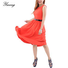 Yming Summer Plus Size Dress Women Party Midi Dresses with Belt Solid Swing Beach Sundress Office Casual Sleeveless Korean Dress 2024 - buy cheap