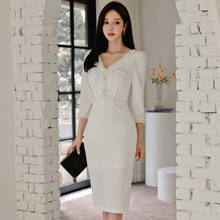 new arrival fashion spring autumn women pencil dress korean style v-neck high waist temperament slim white midi basic dress 2024 - buy cheap