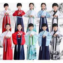 Китайский древний традиционный новый комплект одежды для детей, для мальчиков и девочек, с длинным рукавом, народный танец, Hanfu, рисунок тушью, платье для сцены 2024 - купить недорого