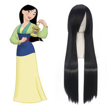 Mulan-Peluca de Cosplay para mujeres y niñas, pelo sintético largo y liso, color negro, 80cm, con gorro 2024 - compra barato