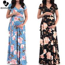 Chivry Maternity Dress Women Floral Print Short Sleeve V-neck Maxi Long Dress Pregnant Casual Clothes Summer Maternity Dress 2024 - купить недорого
