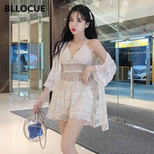 BLLOCUE 2020 Women Three-piece Suit Summer V-neck Hollow Fringed Sling + Lace Sunscreen Cardigan + High Waist Shorts Suit 2024 - buy cheap