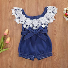 Newborn Infant Baby Girls Lace Off Shoulder Ruffle Rompers Blue Denim Belt Jumpsuit Bow Outfits Fit For 0-24Months 2024 - buy cheap