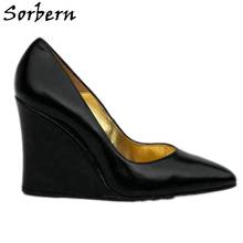 Sorbern Black Genuine Leather Pump Shoes Slip On Pointy Toes Wedge 5Inch Shoes Female Women Heels Big Size 12 Custom Colors 2024 - buy cheap
