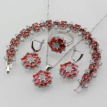 Charmoso conjunto de joias estilo dubai para casamento, conjunto de brincos, pulseira e anel cz, cor prata, pingente vermelho 2024 - compre barato