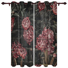 Patio Curtain Retro Wood Grain Red Flowers Indoor Living Room Bedroom Kitchen Outdoor Drape for Porch Gazebo Pergola Canopy 2024 - buy cheap