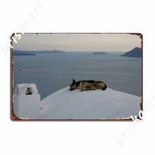 Santorini, la Isla de los perros durmiendo Carteles metálicos del Club, cartel de hojalata divertido, Mural 2024 - compra barato