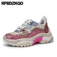 Кроссовки на толстой подошве в стиле Харадзюку; розовые Дизайнерские кроссовки на шнуровке; обувь на толстой резиновой подошве; обувь на платформе; женская обувь на рифленой подошве с блестками; Цвет Синий 2024 - купить недорого
