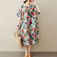 Vestido de talla grande de lino y algodón para verano, traje largo holgado con estampado de flores para mujer, estilo informal, 2021 2024 - compra barato