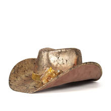 Sombrero de vaquero occidental de cuero para mujer, Sombrero de Jazz de ala dorada al aire libre, Sombrero de flores, Sombrero de vaquera, tamaño 58-59CM 2024 - compra barato