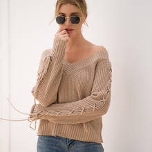 Womens Long Sleeve V-neck Lace-up Sweater Casual Loose Pullover Sweater -OPK 2024 - buy cheap