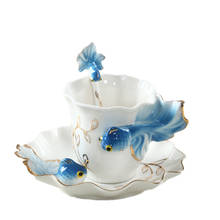 Esmalte porcelana cup & pires conjunto arte cerâmica chá xícara de café porcelana peixe chá conjunto com colher para café da manhã cozinha casa 2024 - compre barato