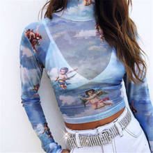 Fashion Women High Neck Long Sleeve T-Shirt  Transparent Mesh Sheer Crop Top Summer Casual Tops  2024 - buy cheap