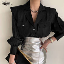 Blusa feminina preta de manga longa com botões, camisa social para mulheres de chiffon nova fileira única com manga longa, 13469 2024 - compre barato