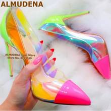 ALMUDENA Neon Heels Pink Pointy Toe Wedding Shoes 12cm Hologram Iridescent PVC Shallow Dress Pumps Coolorized Patchwork Shoes 2024 - buy cheap