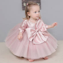 Pink Baby Girl Dresses For Party And Wedding Long Sleeve Beaded Bow Princess Children Baptism Christening 1st Birthday Ball Gown 2024 - buy cheap