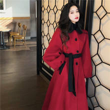 Hi Girl Autumn Vintage Long Wool Blends Women Long Lantern Sleeve Sashes Turn-down Collar Outerwear Loose Elegant Woolen Coat 2024 - buy cheap