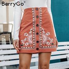 BerryGo Ethnic floral embroidery skirt women Vintage buttons female a-line mini skirts High waist ladies bohemian cotton skirts 2024 - buy cheap